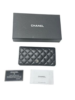 Chanel Black Yen Quilted Caviar leather Bifold Long Wallet